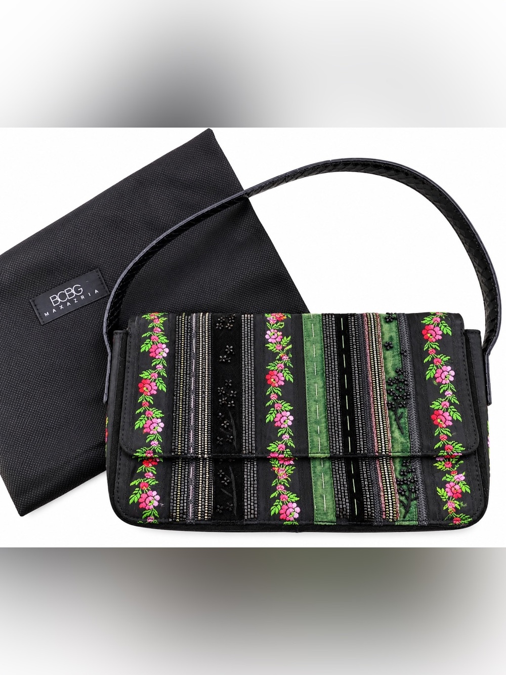 Vintage BCBG Max Azria Y2K Embroidered Beaded Floral Shoulder Bag Black